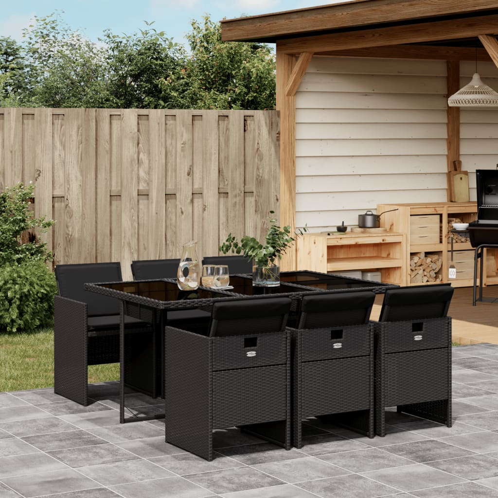 7-delige Tuinset met kussens poly rattan zwart – afbeelding 1