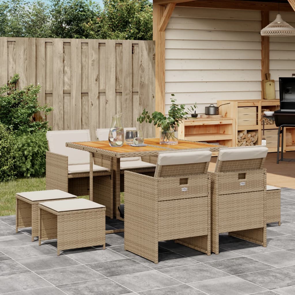 9-delige Tuinset met kussens poly rattan beige – afbeelding 1