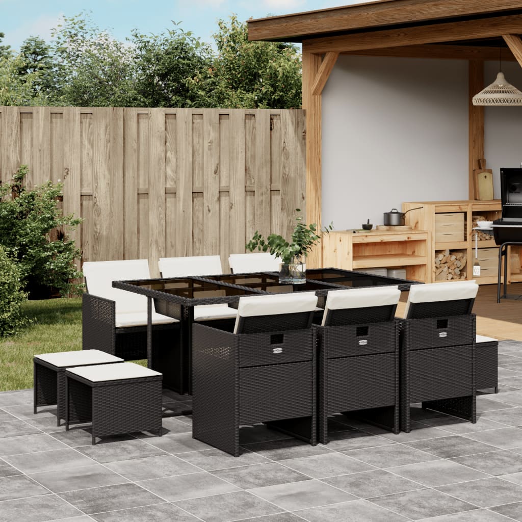 11-delige Tuinset met kussens poly rattan zwart – afbeelding 1