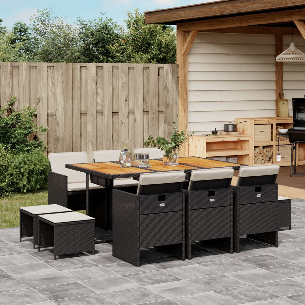 11-delige Tuinset met kussens poly rattan zwart – afbeelding 1