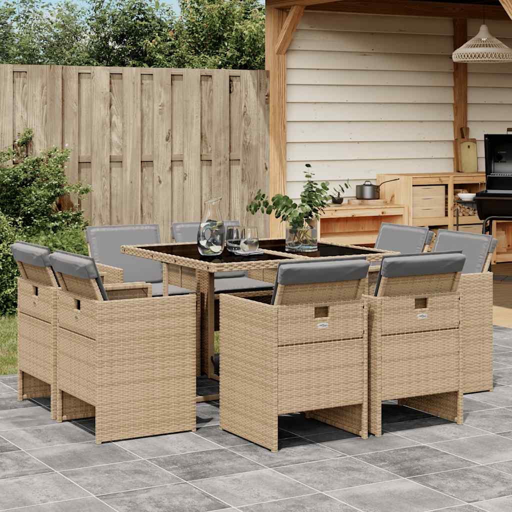 9-delige Tuinset met kussens poly rattan gemengd beige – afbeelding 1