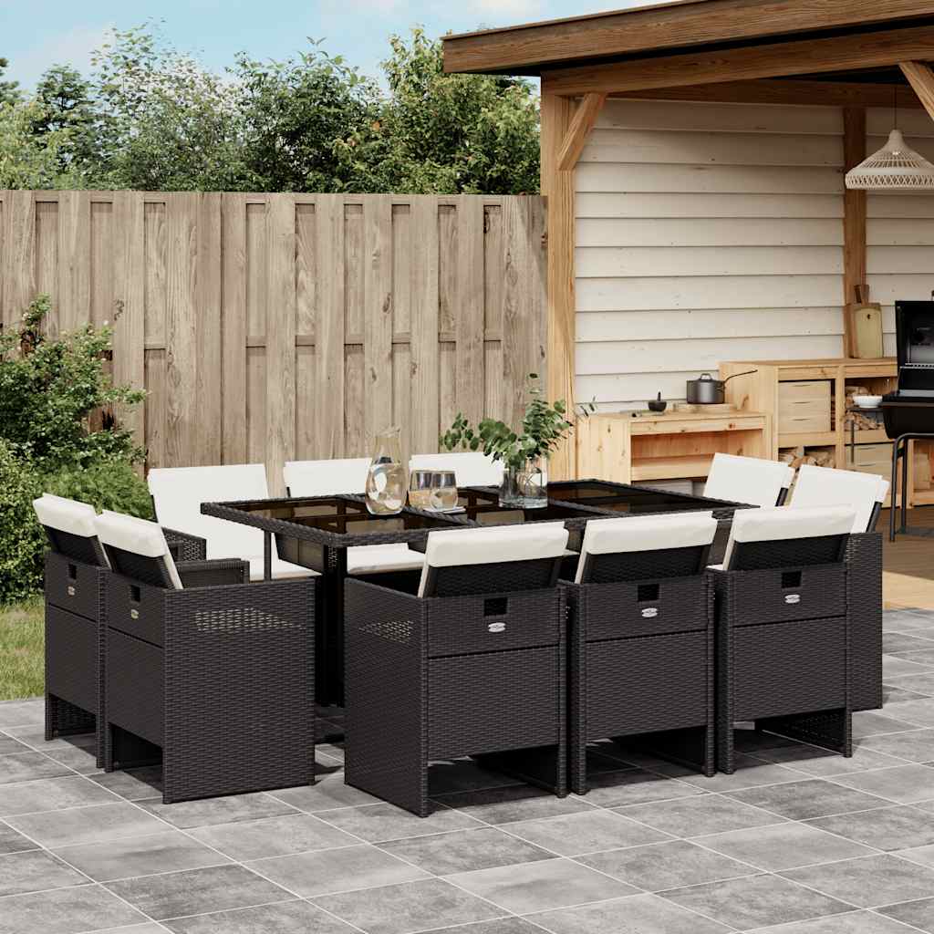 11-delige Tuinset met kussens poly rattan zwart – afbeelding 1