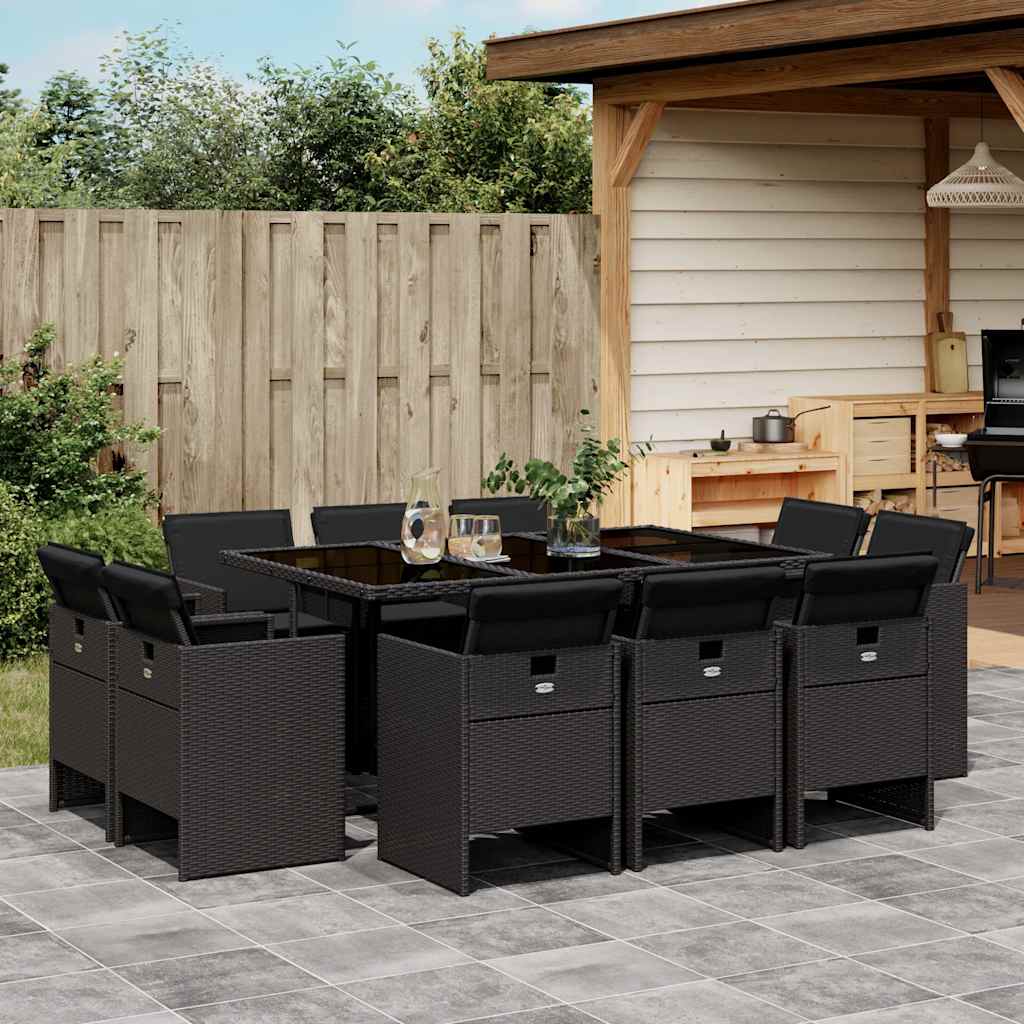 11-delige Tuinset met kussens poly rattan zwart – afbeelding 1