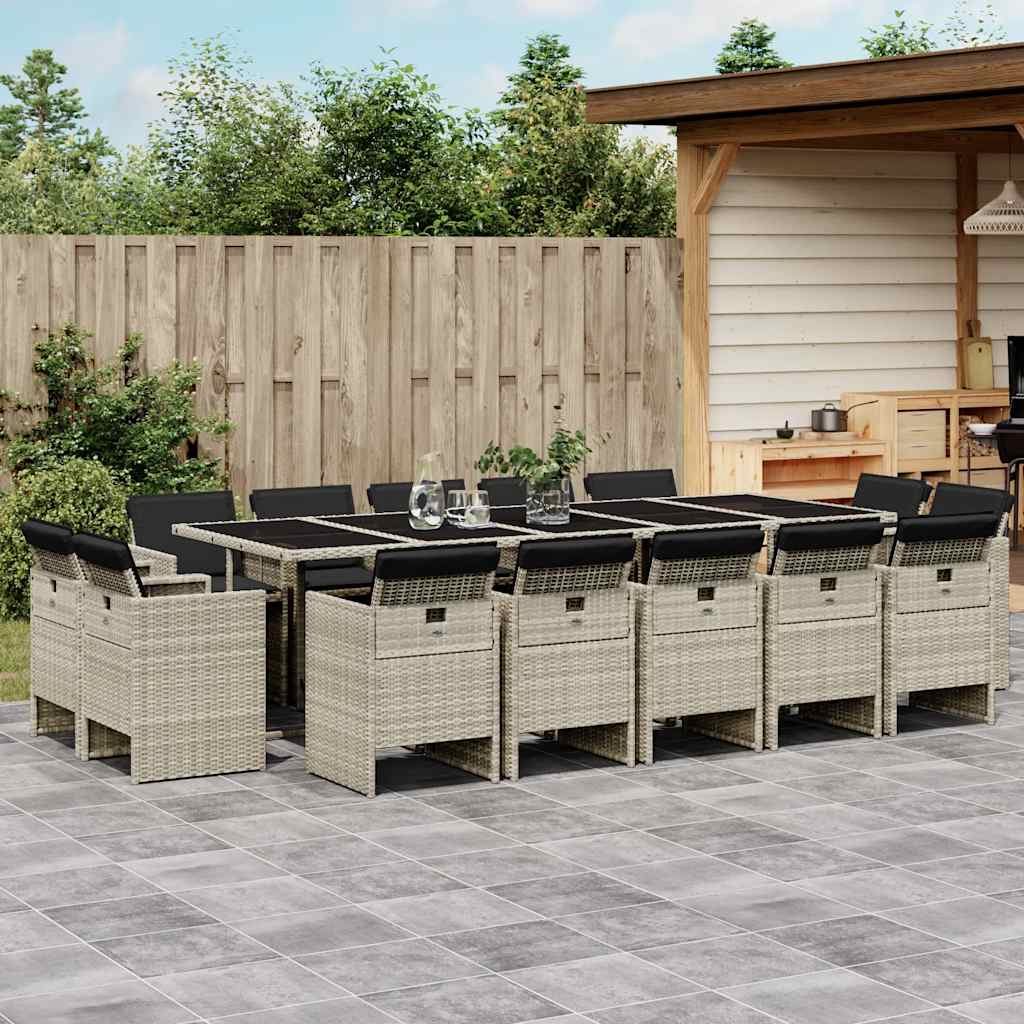15-delige Tuinset met kussens poly rattan lichtgrijs – afbeelding 1