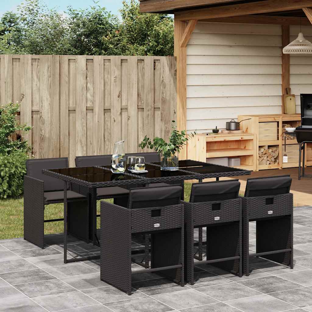 7-delige Tuinset met kussens poly rattan zwart – afbeelding 1