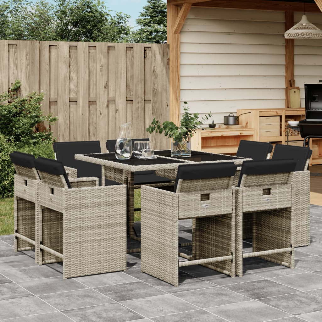 9-delige Tuinset met kussens poly rattan lichtgrijs – afbeelding 1