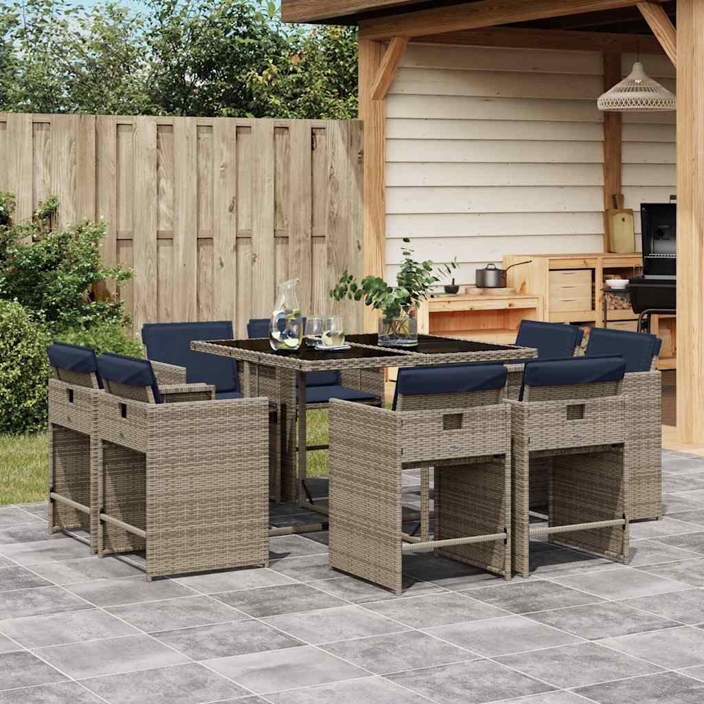 9-delige tuinset met kussens, grijs polyrotan – afbeelding 1
