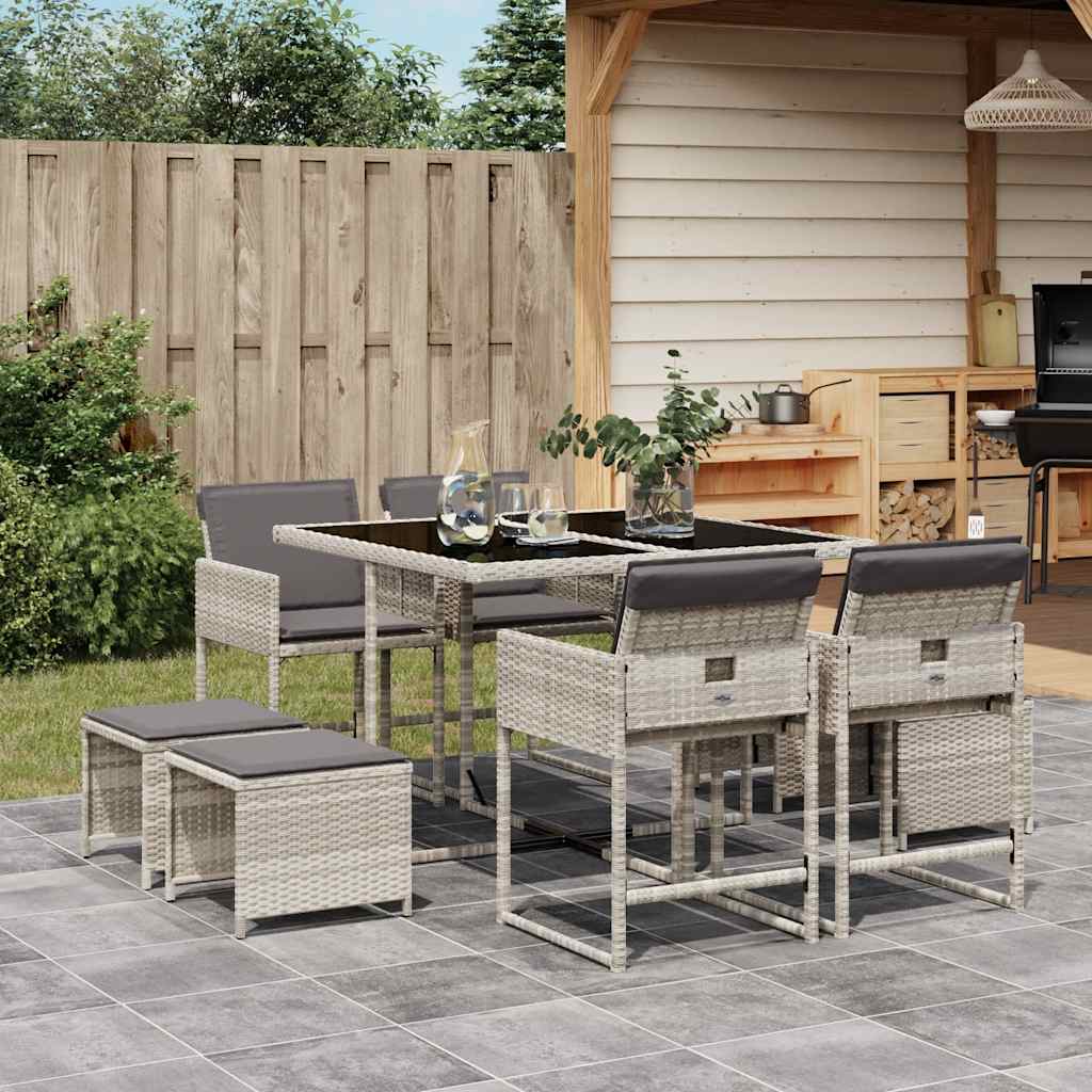 9-delige Tuinset met kussens poly rattan lichtgrijs – afbeelding 1