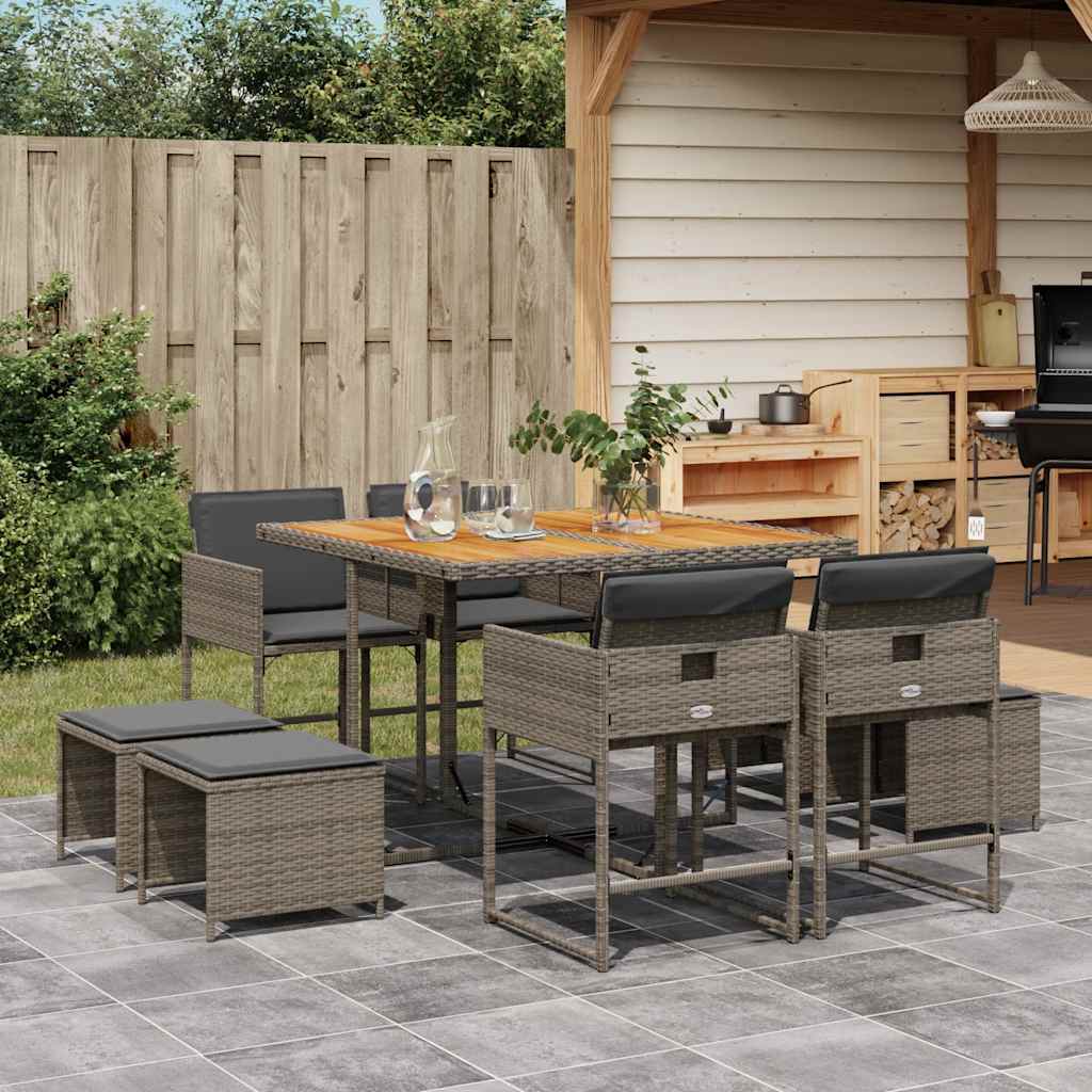 9-delige Tuinset met kussens poly rattan grijs – afbeelding 1