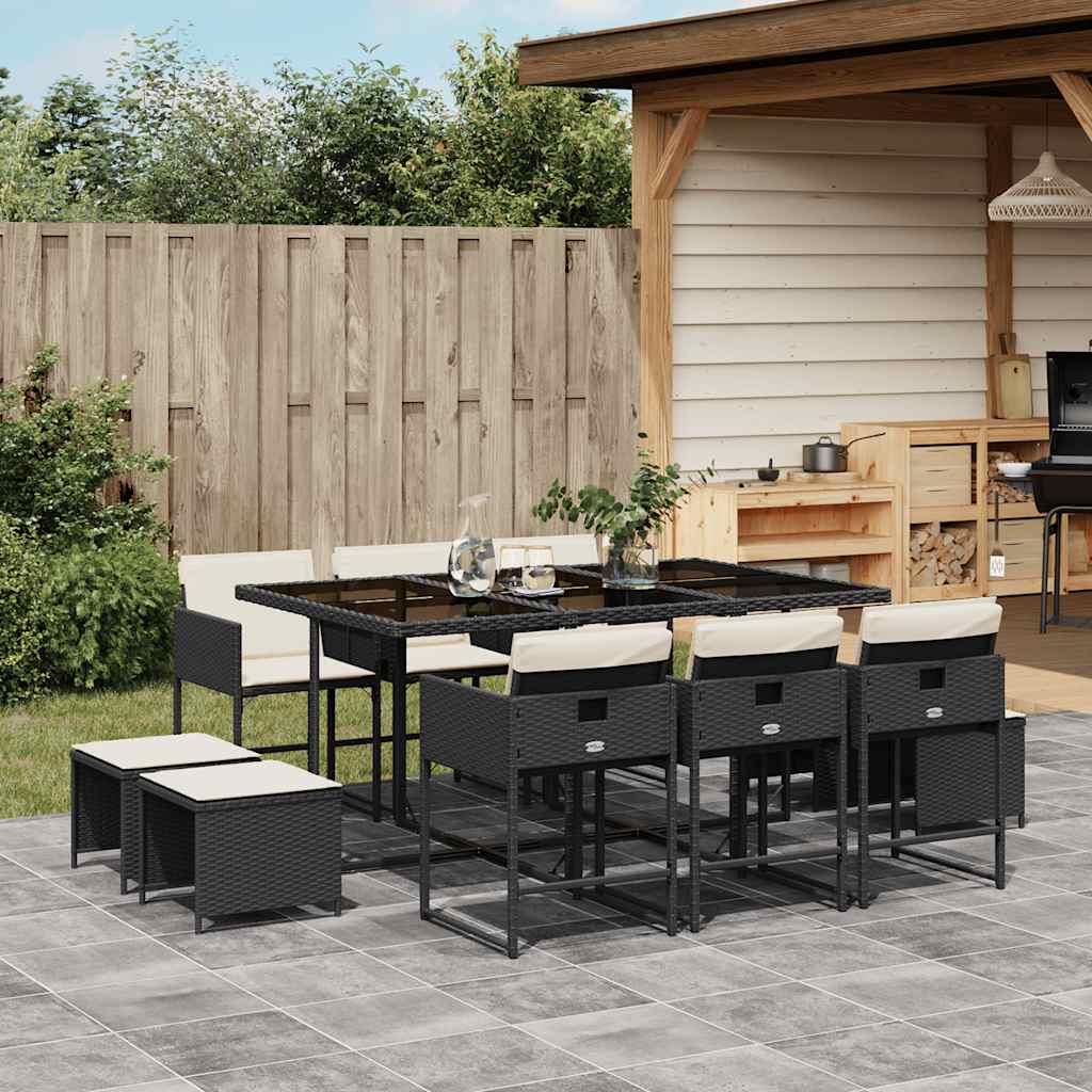 11-delige Tuinset met kussens poly rattan zwart – afbeelding 1