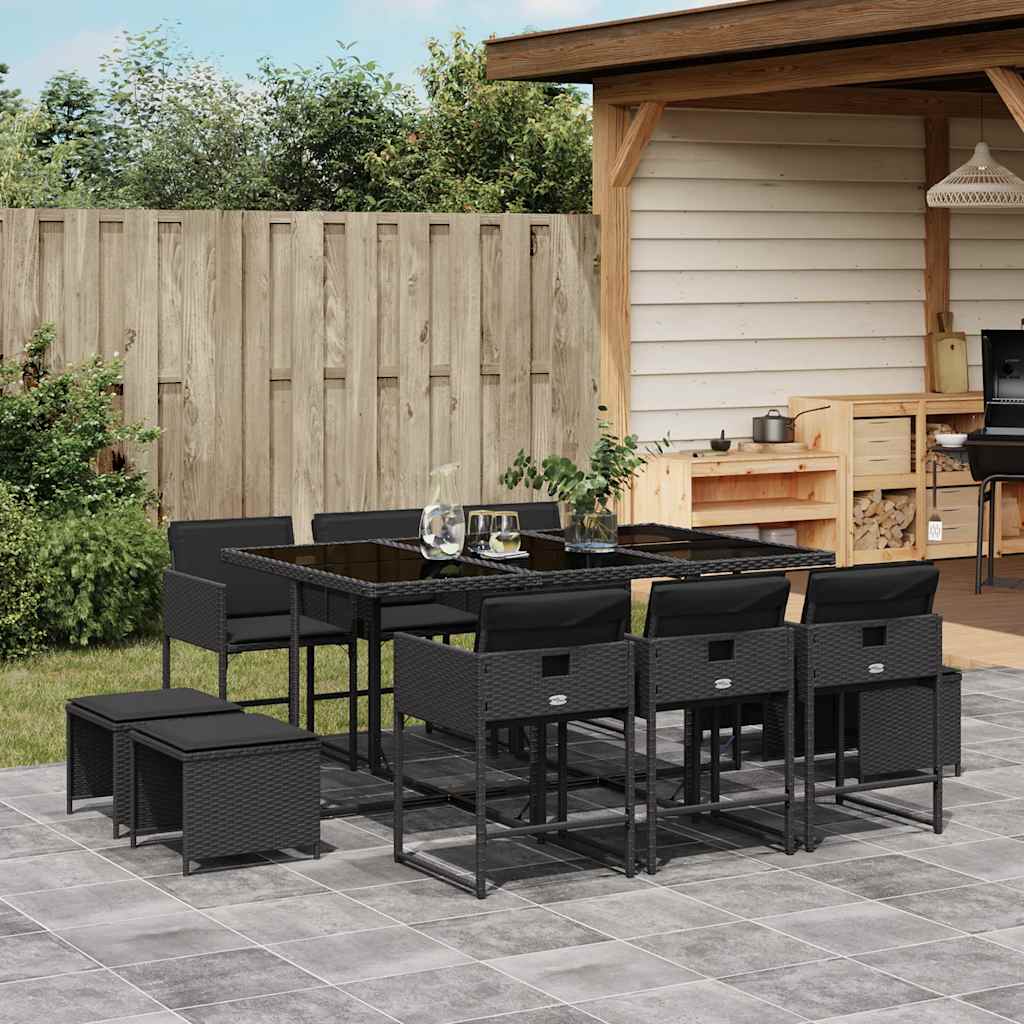 11-delige Tuinset met kussens poly rattan zwart – afbeelding 1