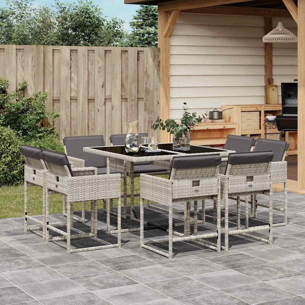9-delige Tuinset met kussens poly rattan lichtgrijs – afbeelding 1