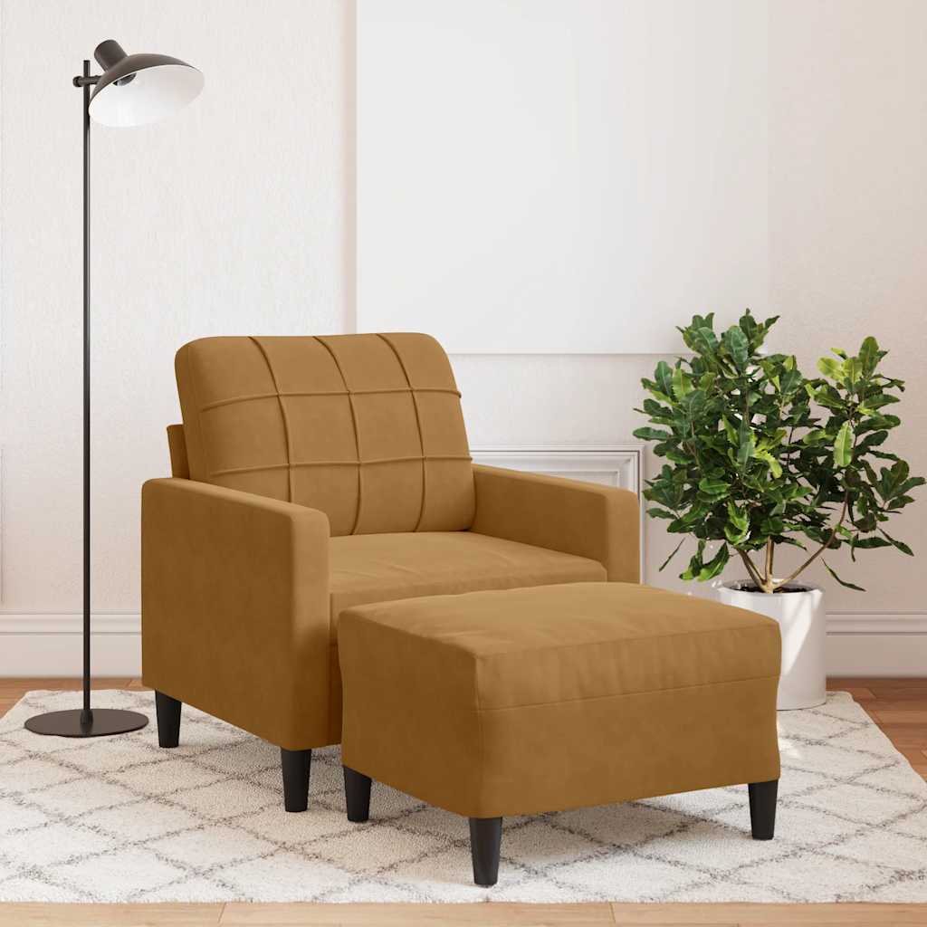 Fauteuil met voetenbank 60 cm fluweel bruin – afbeelding 1