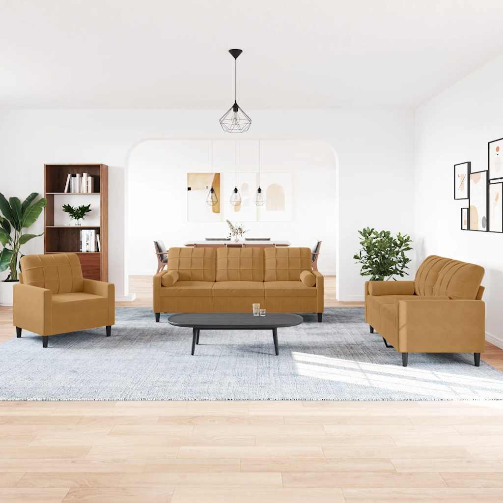 3-delige Loungeset met kussens en bolsters fluweel bruin – afbeelding 1