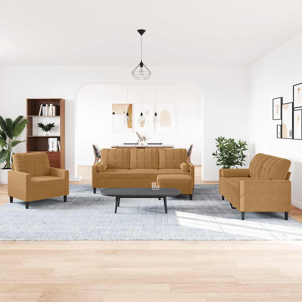 4-delige Loungeset met kussens en bolsters fluweel bruin – afbeelding 1