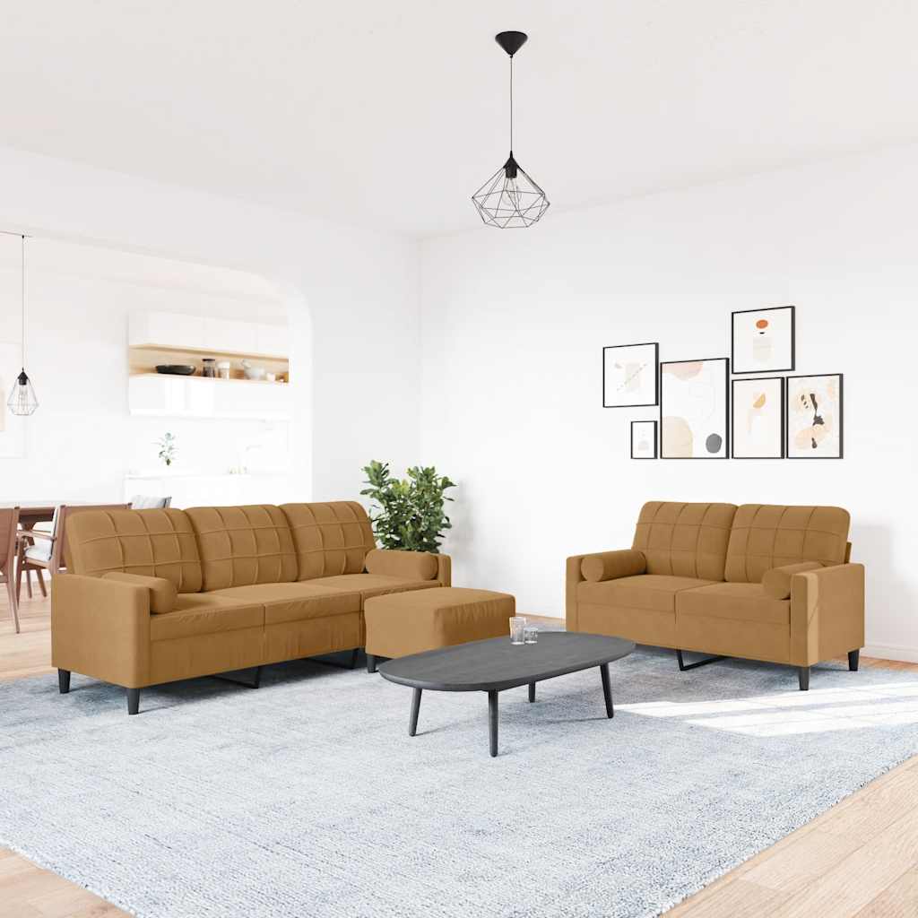 3-delige Loungeset met kussens en bolsters fluweel bruin – afbeelding 1