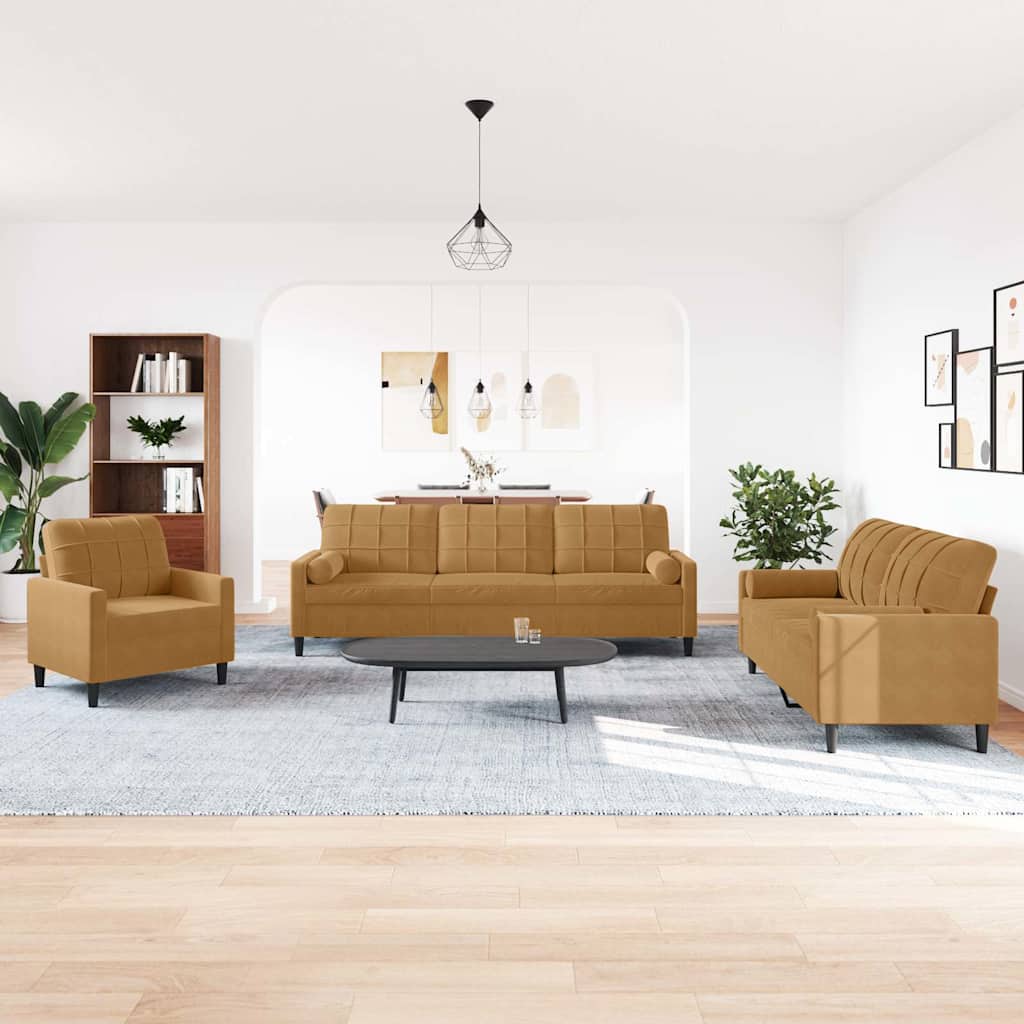 3-delige Loungeset met kussens en bolsters fluweel bruin