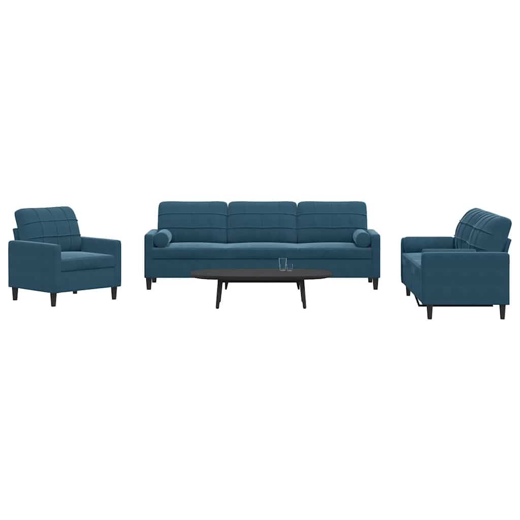 3-delige Loungeset met kussens en bolsters fluweel blauw