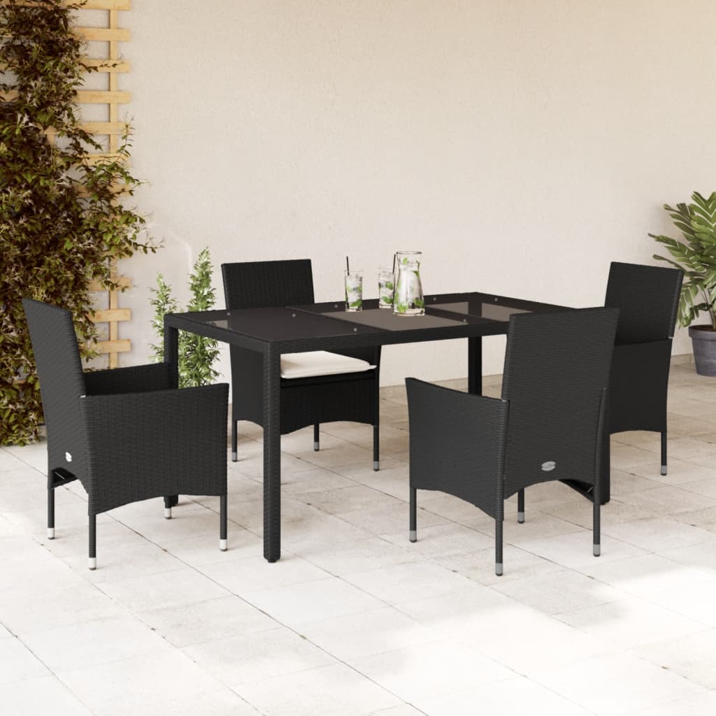 5-delige Tuinset met kussens poly rattan en glas zwart – afbeelding 1