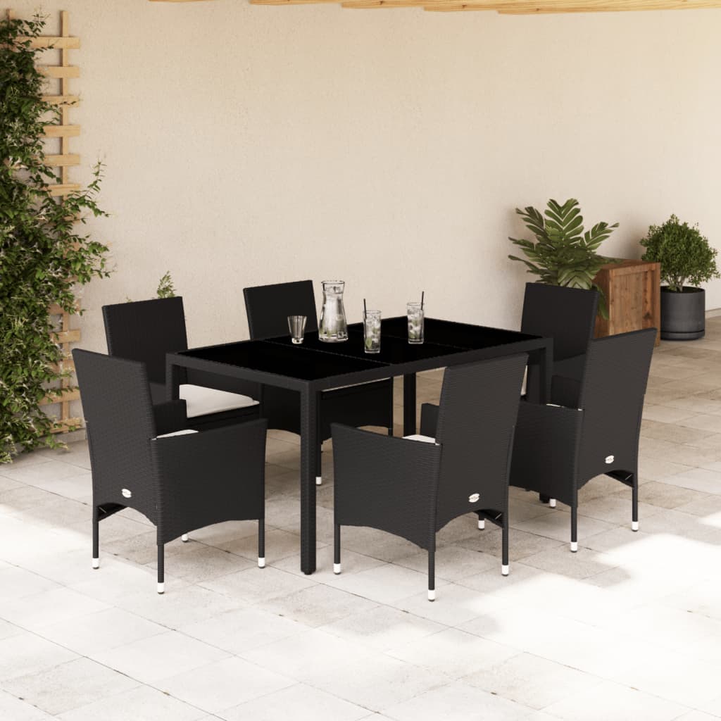 7-delige Tuinset met kussens poly rattan en acaciahout zwart – afbeelding 1