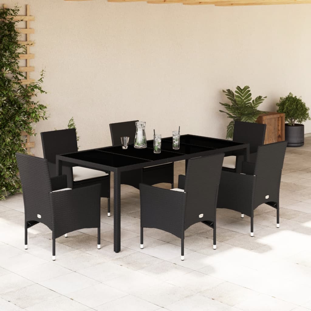 7-delige Tuinset met kussens poly rattan en acaciahout zwart – afbeelding 1