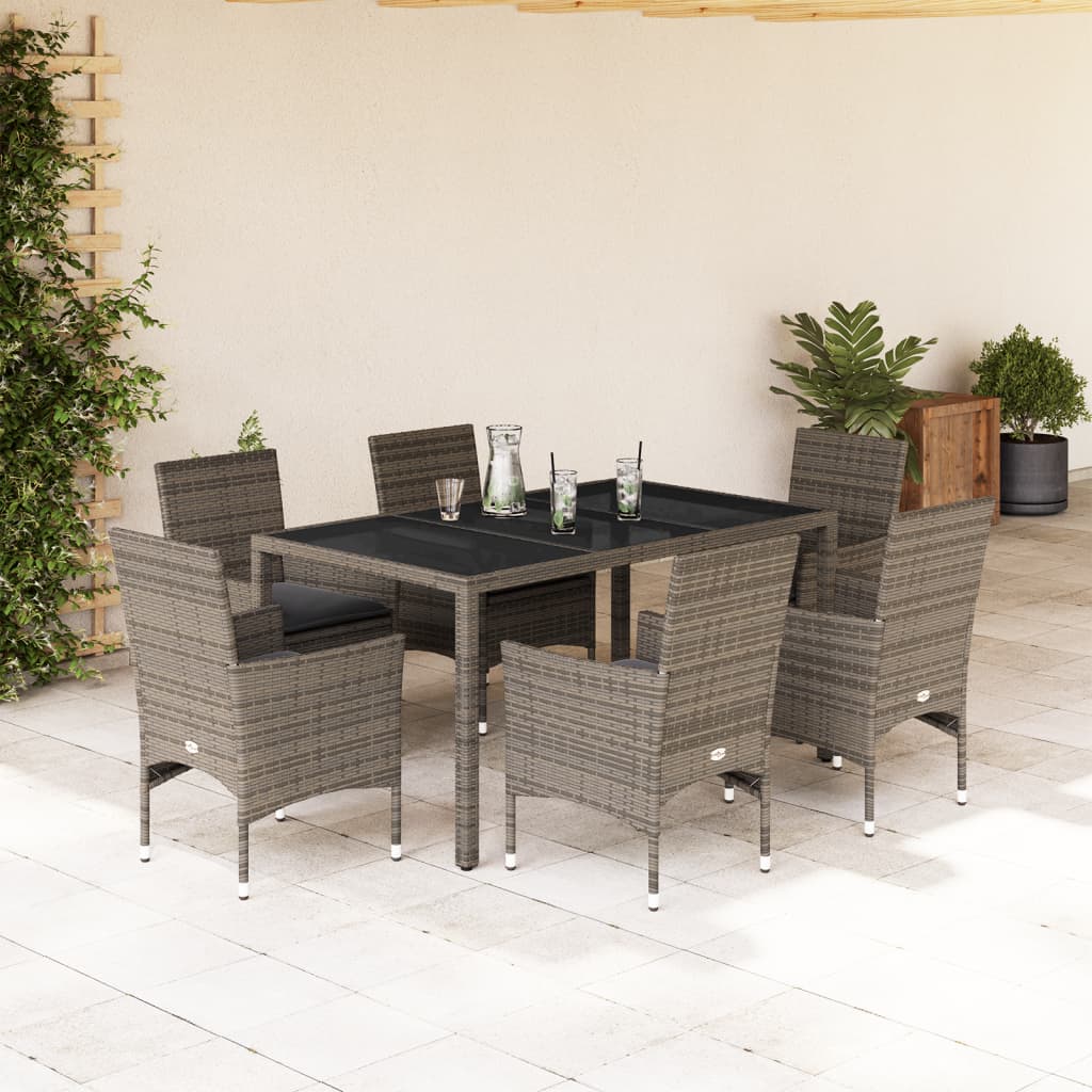 7-delige Tuinset met kussens poly rattan en glas grijs – afbeelding 1