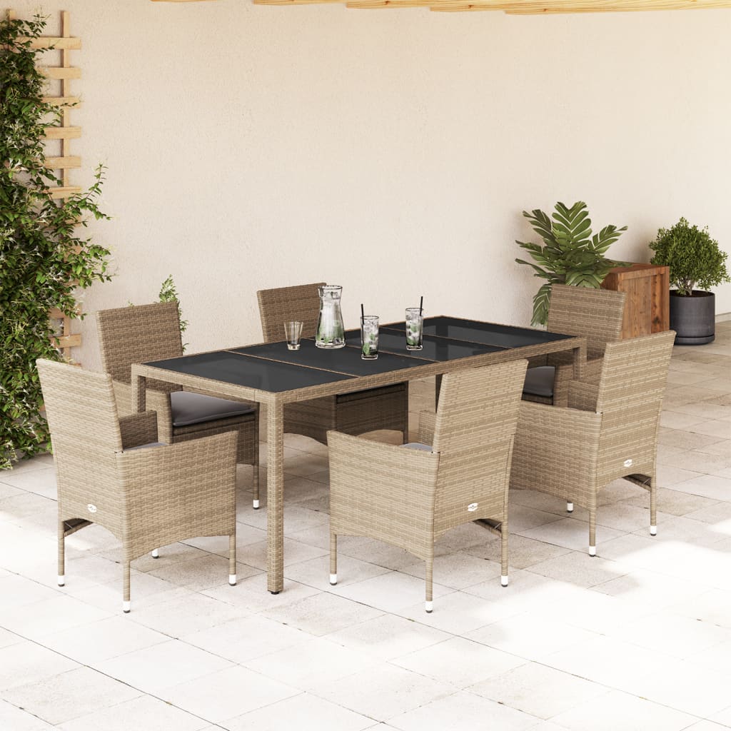 7-delige Tuinset met kussens poly rattan en glas beige – afbeelding 1