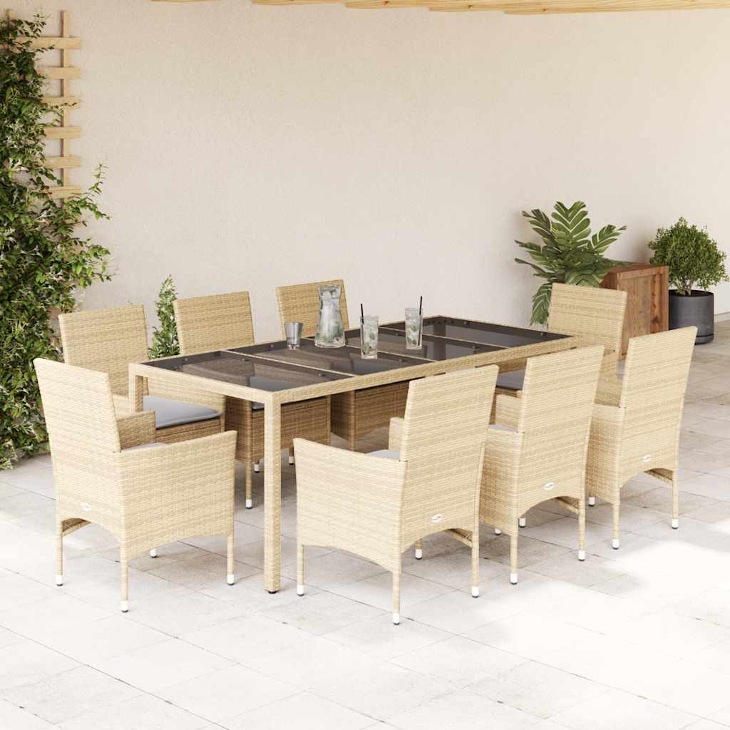 9-delige Tuinset met kussens poly rattan en glas beige – afbeelding 1
