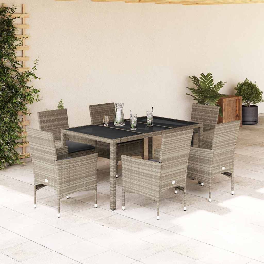 7-delige Tuinset met kussens poly rattan en glas lichtgrijs – afbeelding 1