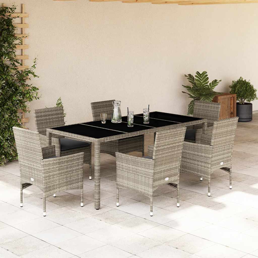7-delige Tuinset met kussens poly rattan en glas lichtgrijs – afbeelding 1