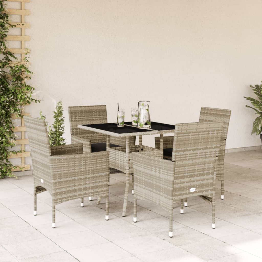 5-delige Tuinset met kussens poly rattan en glas lichtgrijs – afbeelding 1