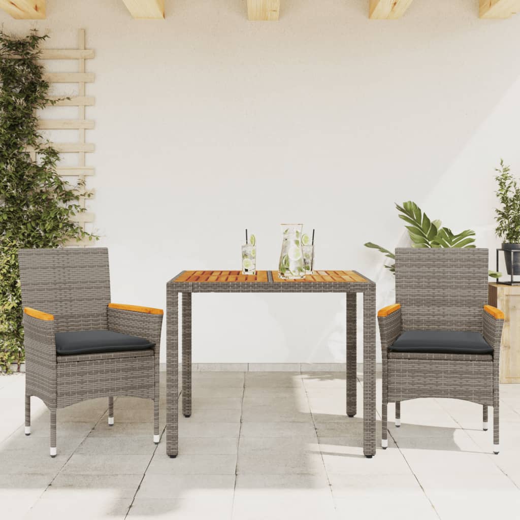 3-delige Tuinset met kussens poly rattan en acaciahout grijs – afbeelding 1