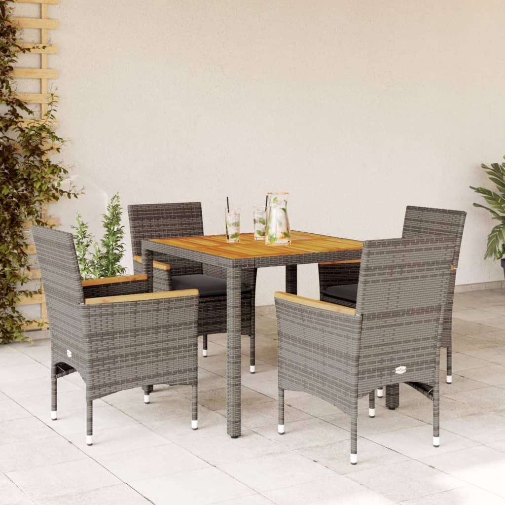 5-delige Tuinset met kussens poly rattan en acaciahout grijs – afbeelding 1