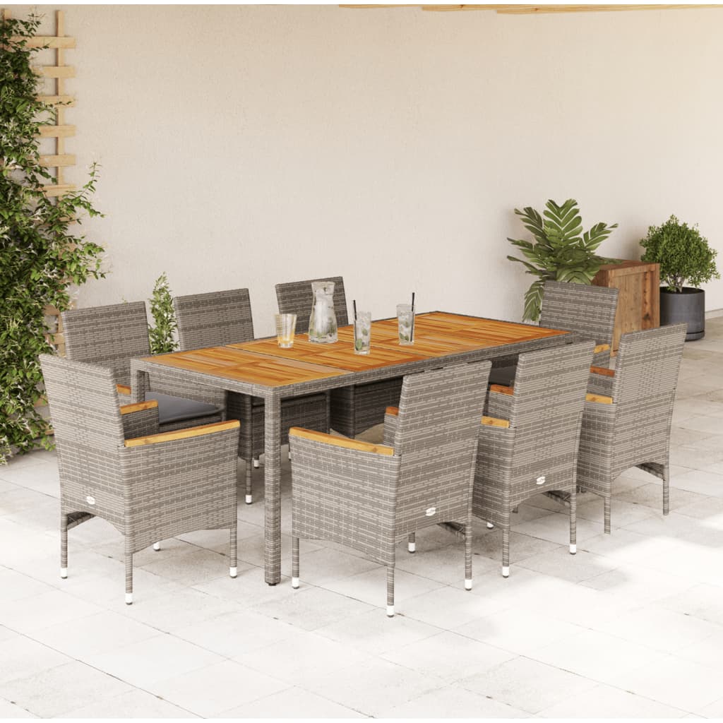 9-delige Tuinset met kussens poly rattan en acaciahout grijs – afbeelding 1