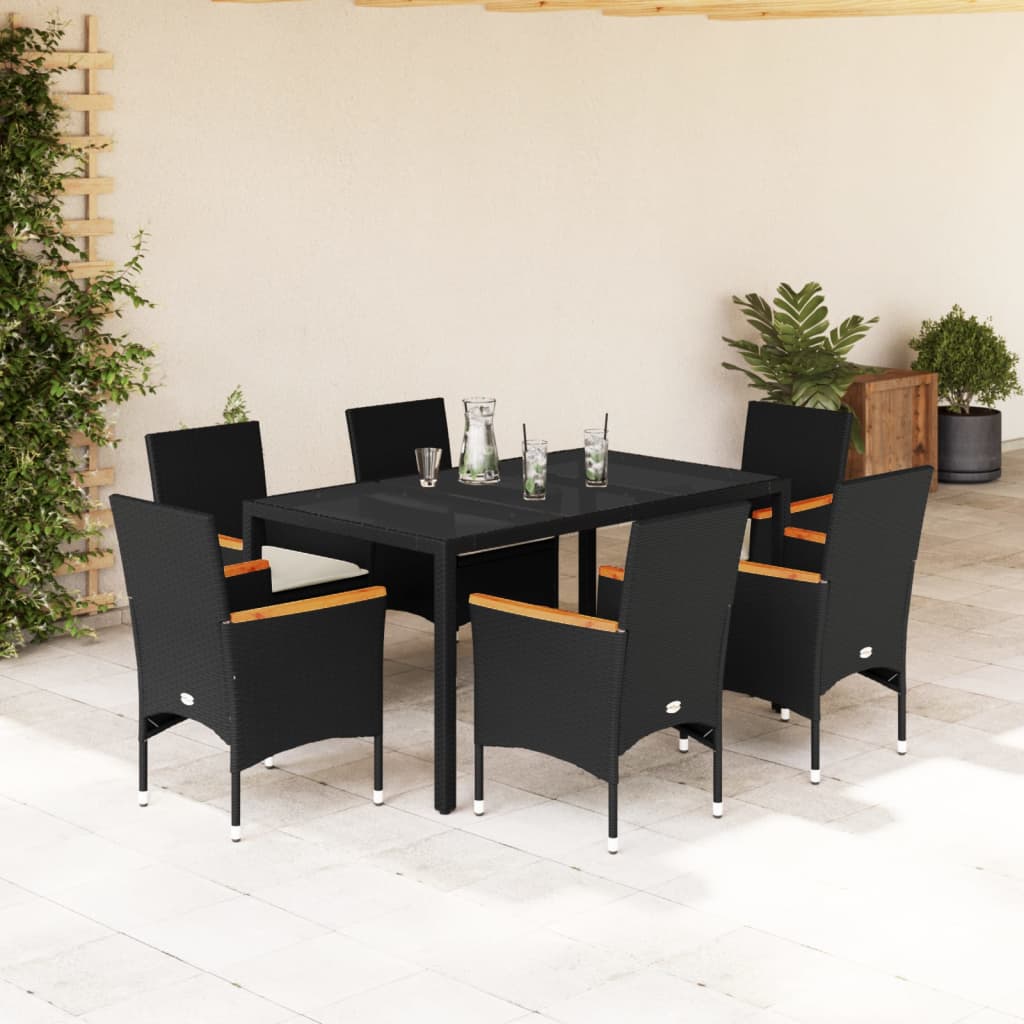 7-delige Tuinset met kussens poly rattan en acaciahout zwart – afbeelding 1