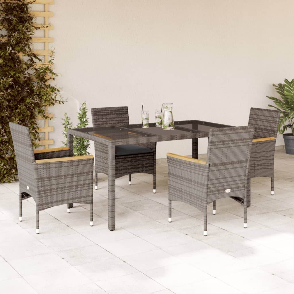5-delige Tuinset met kussens poly rattan en glas grijs – afbeelding 1