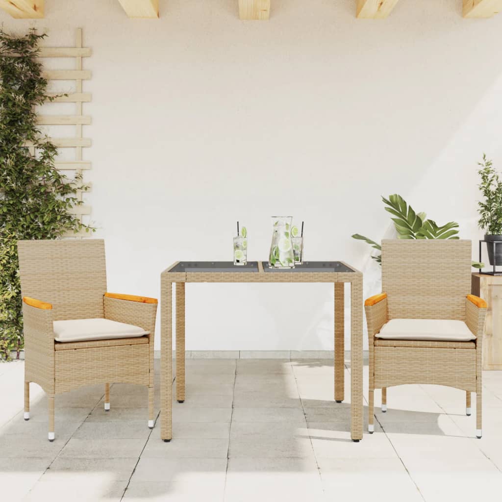 3-delige Tuinset met kussens poly rattan en glas beige – afbeelding 1