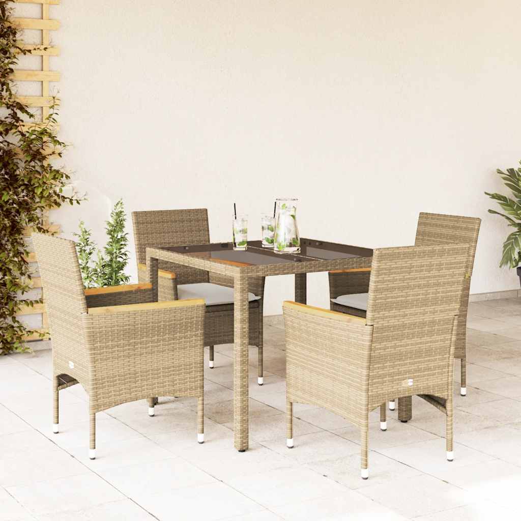 5-delige Tuinset met kussens poly rattan en glas beige – afbeelding 1