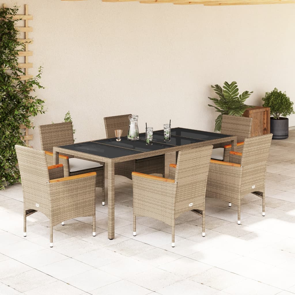 7-delige Tuinset met kussens poly rattan en glas beige – afbeelding 1