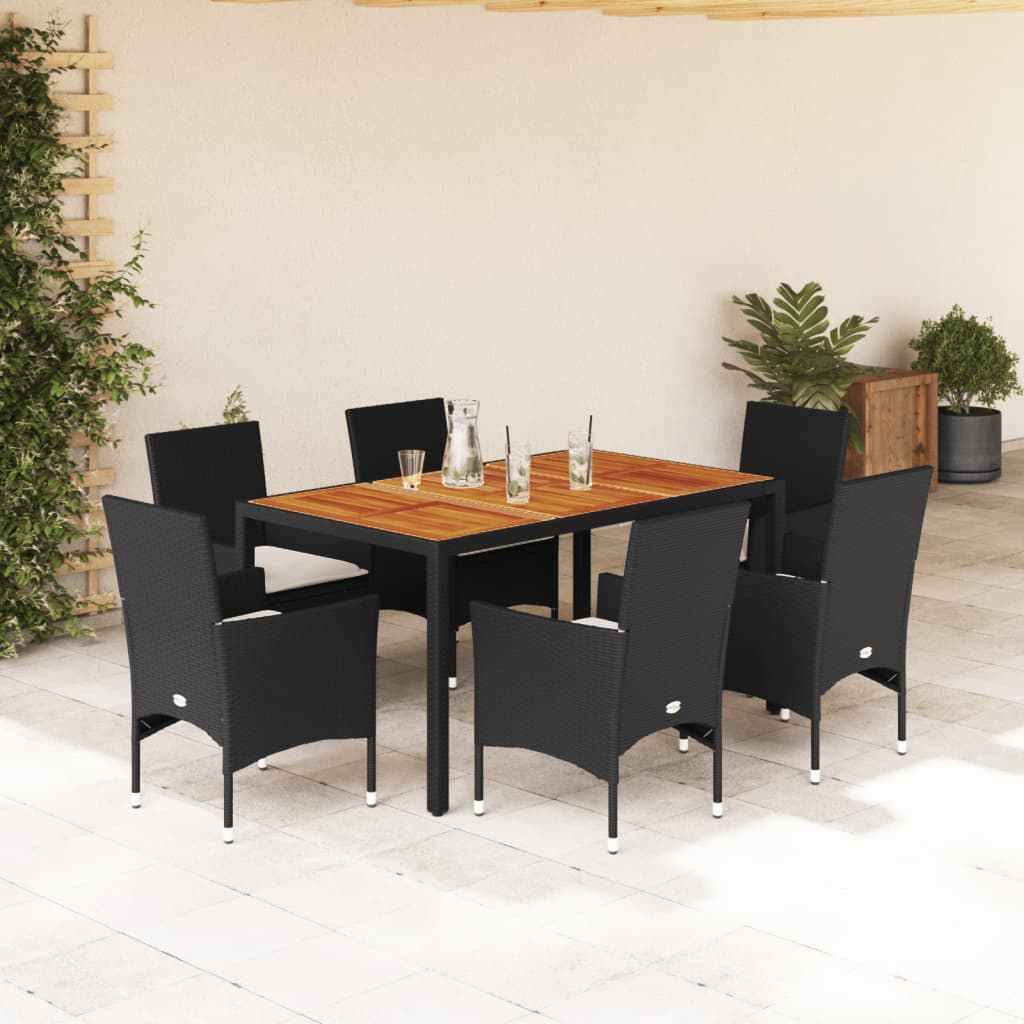 7-delige Tuinset met kussens poly rattan en acaciahout zwart – afbeelding 1