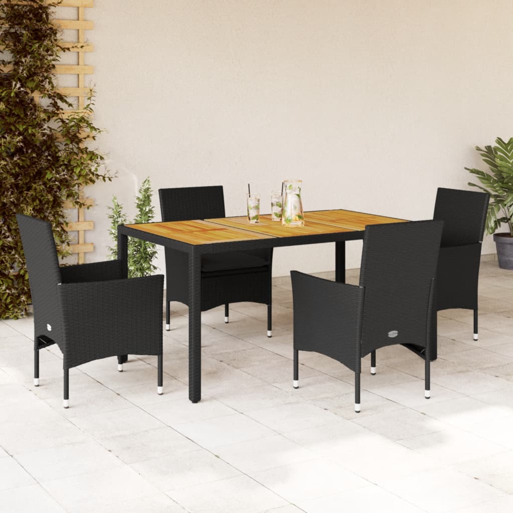 5-delige Loungeset met kussens poly rattan en acaciahout zwart – afbeelding 1