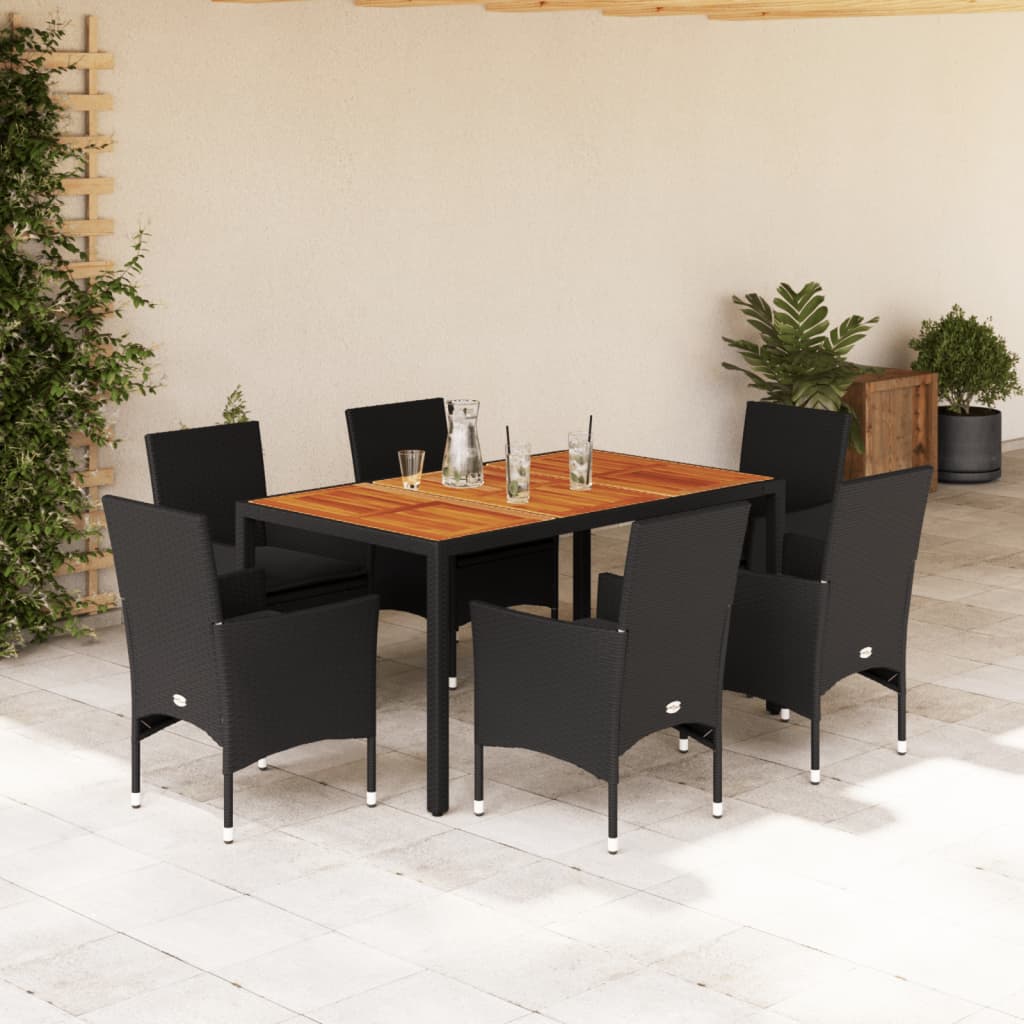 7-delige Tuinset met kussens poly rattan en acaciahout zwart – afbeelding 1
