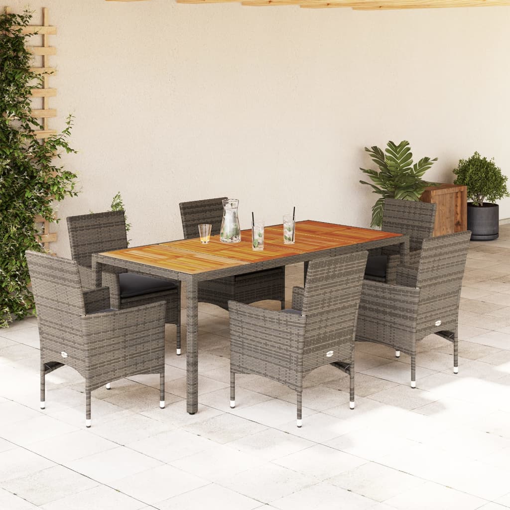 7-delige Tuinset met kussens poly rattan en acaciahout grijs – afbeelding 1
