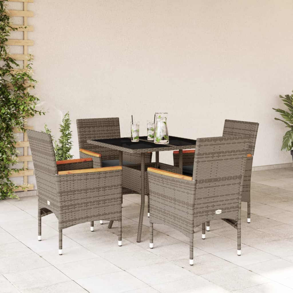 5-delige Tuinset met kussens poly rattan en glas grijs – afbeelding 1