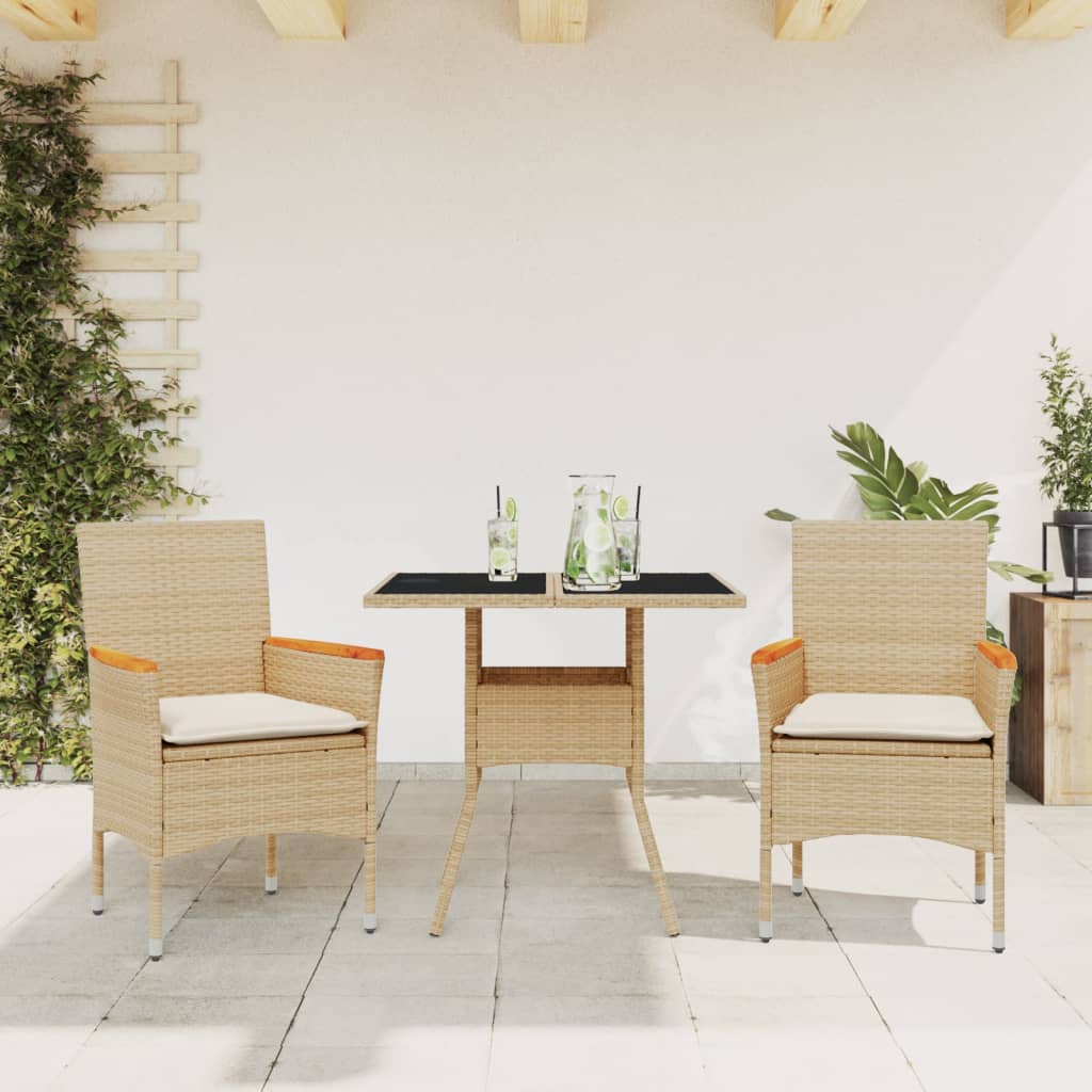 3-delige Tuinset met kussens poly rattan en glas beige – afbeelding 1