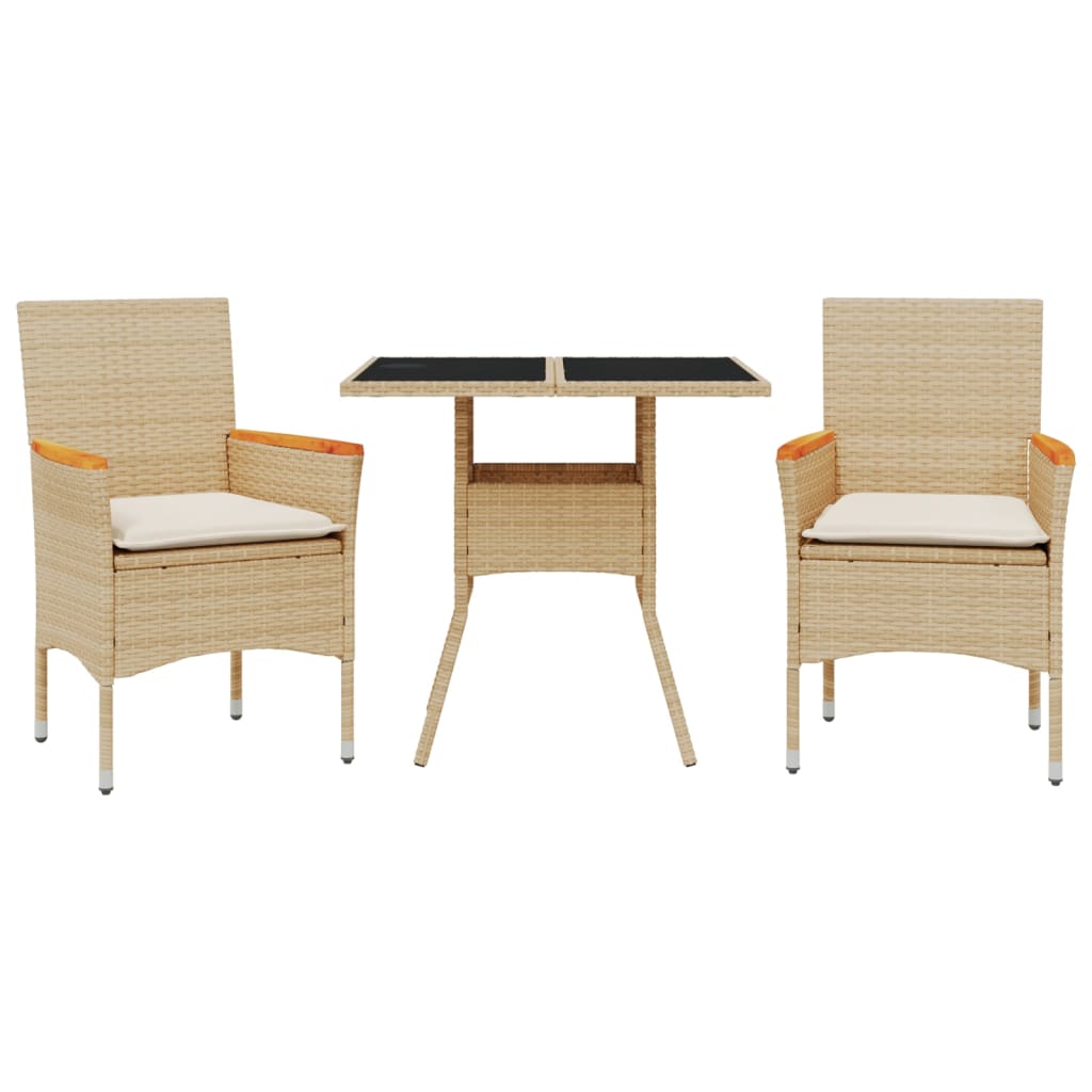 3-delige Tuinset met kussens poly rattan en glas beige – afbeelding 2