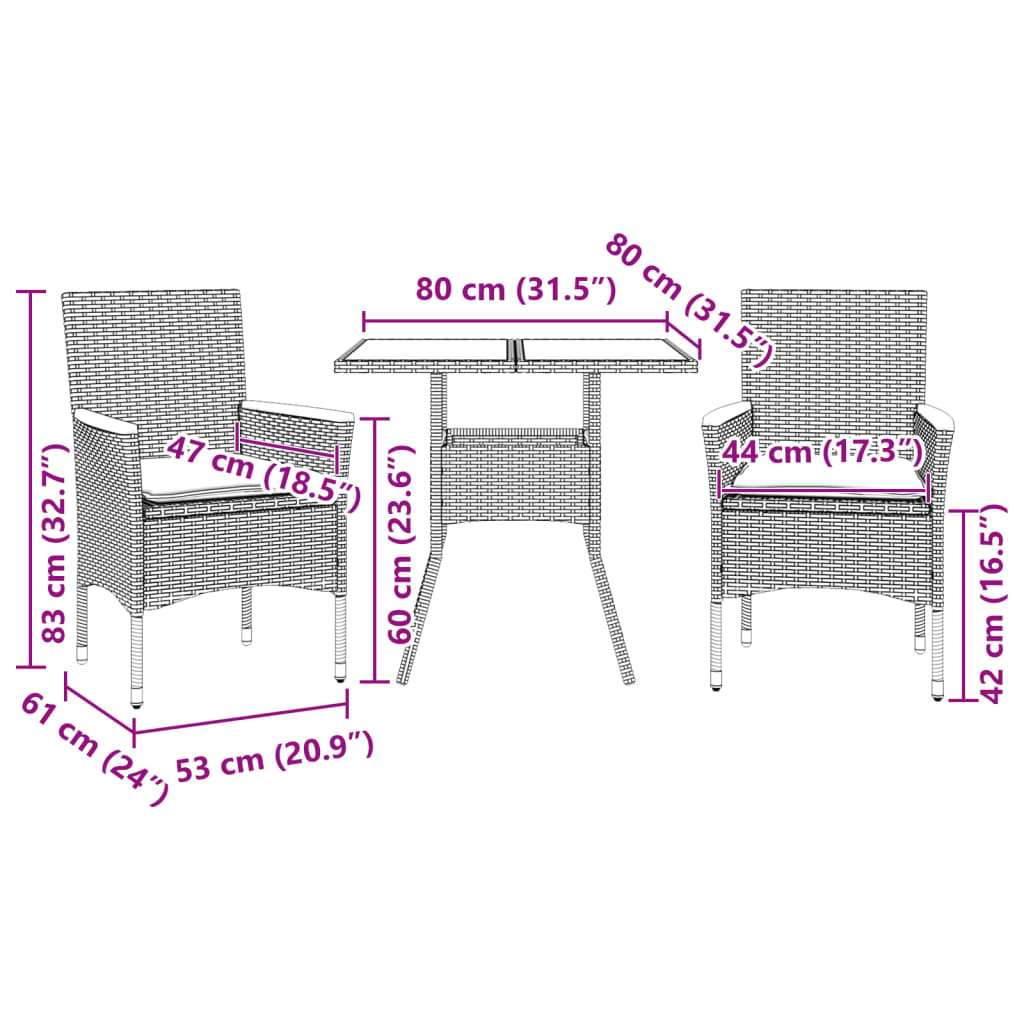 3-delige Tuinset met kussens poly rattan en glas beige – afbeelding 7
