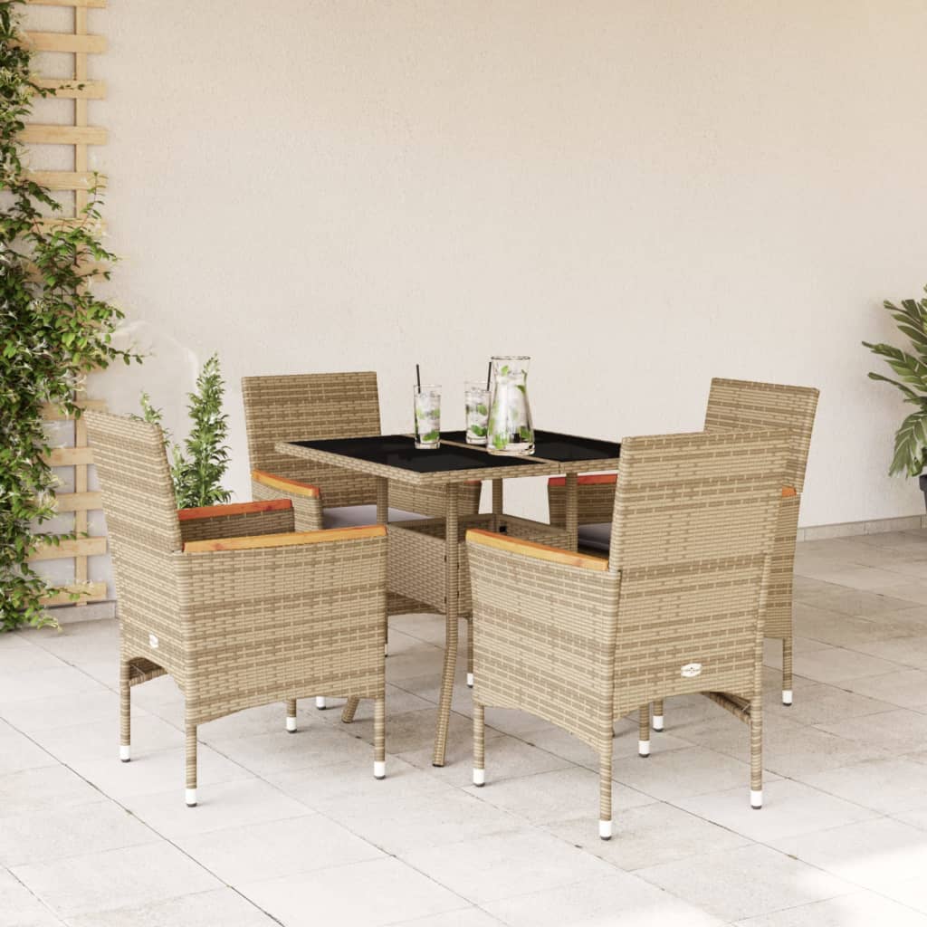 5-delige Tuinset met kussens poly rattan en glas beige – afbeelding 1