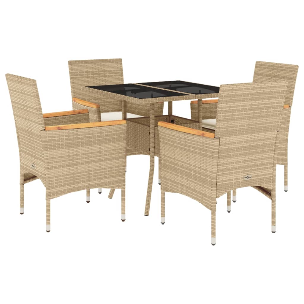 5-delige Tuinset met kussens poly rattan en glas beige – afbeelding 2