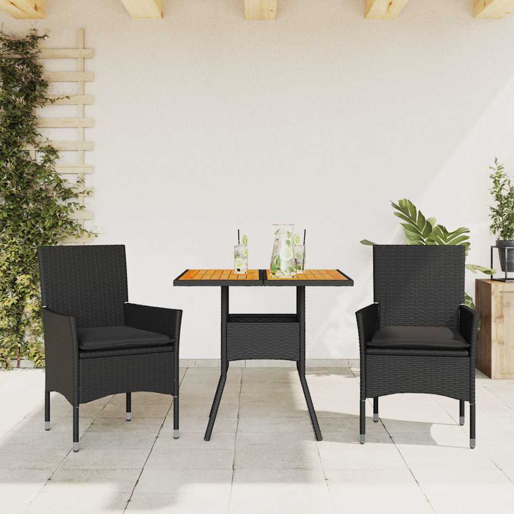 3-delige Tuinset met kussens poly rattan en acaciahout zwart – afbeelding 1